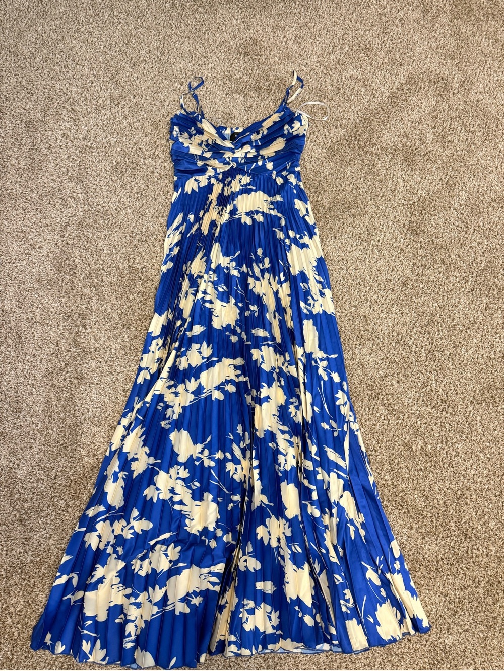 Vici Royal Blue and Cream Floral Pleated Maxi Dress